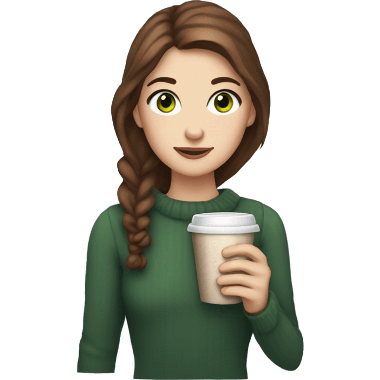 white girl with brown hair green eyes and freckles holding hot chocolate emoji