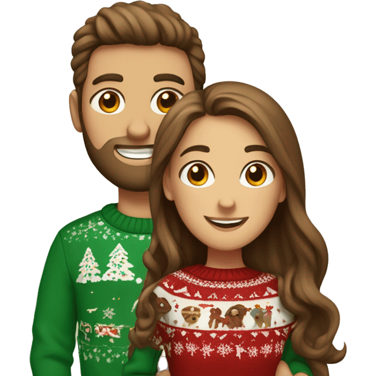 White couple, girl with long brown hair and boy with brown hair and beard, christmas sweaters, celebrate emoji