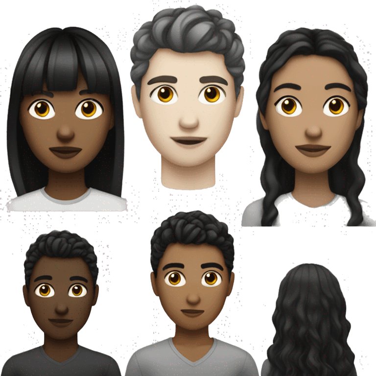 Realistic young man with white skin. she has very black and wavy hair and bangs, she has black eyes, she is tall, she has a long neck and head emoji