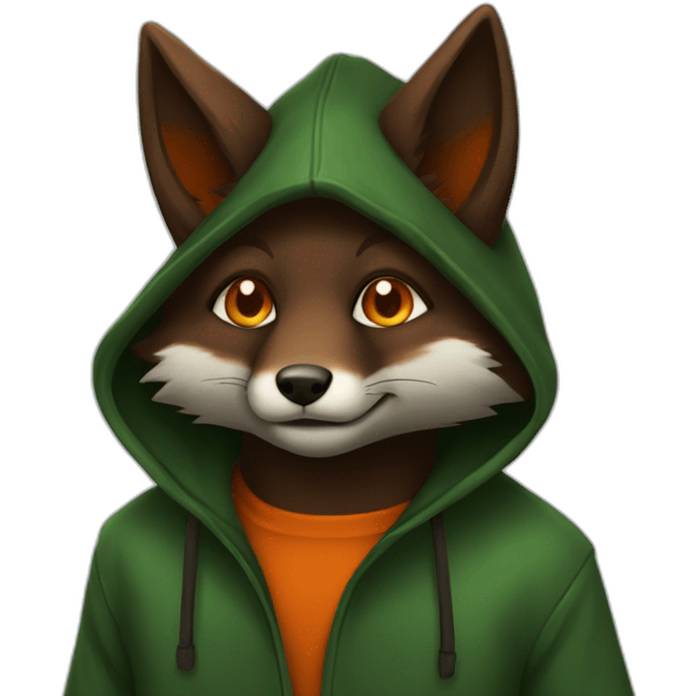 a small dark brown fox with orange eyes with a dark green hood emoji