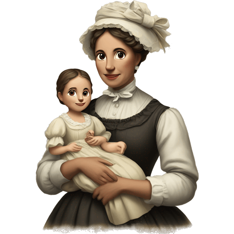 A 19th century woman with a child in her arms. There is a big letter "A" on the dress emoji