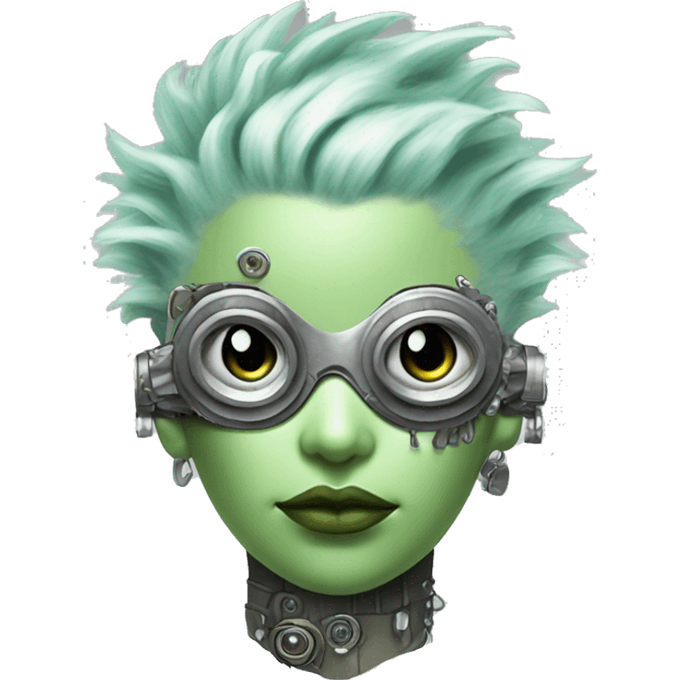 Pastel green Mohawk female cyborg head with silver steampunk goggles emoji