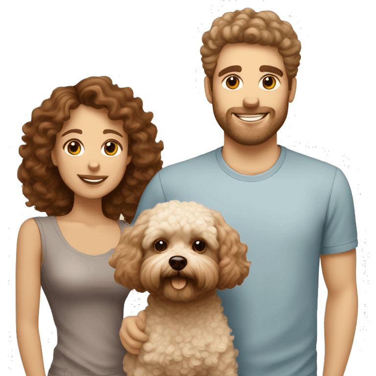 Family of  white man with brown hair with a curly brown hair girlfriend with a Maltipoo dog creamy colour  emoji