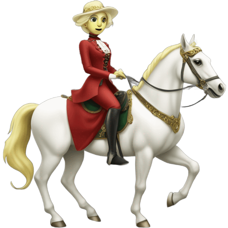 "galora green blonde alien woman" in red Victorian elegant dress, full body, rides horse gold and white
 emoji