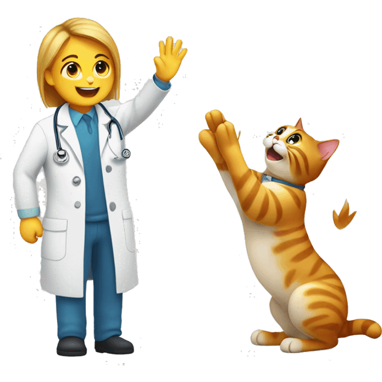 happy cat giving a veterinarian a high five emoji