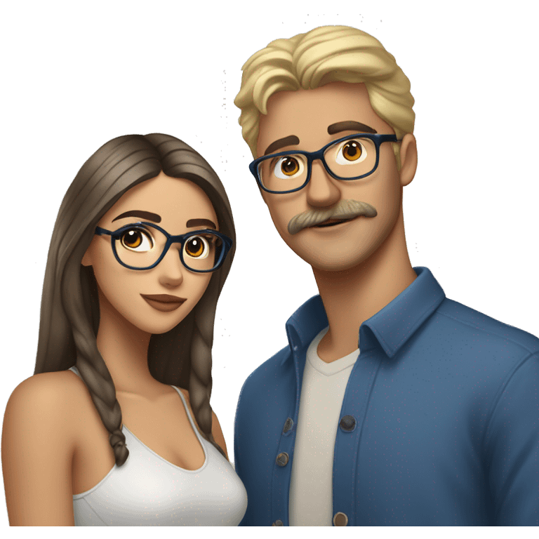 brunette, brown eyed, madison beer standing next to blonde man with , mustache, blue eyes, and brown glasses emoji