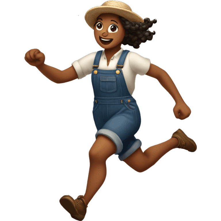 huckleberry Finn goddess sprinting, in overalls, with a large stride and arms outstretched emoji