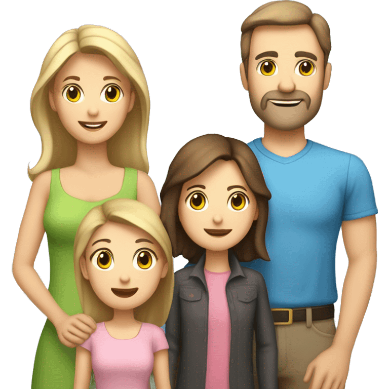 Family, brown haired mother, dad with dark receding hair, blonde daughter, brunette older brother with short beard and older sister with light brown hair, all Caucasian  emoji