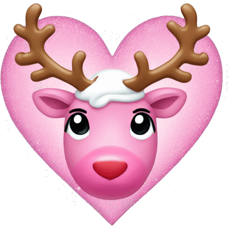 Pink Heart with sparkles and reindeer inside wearing a Santa hat  emoji