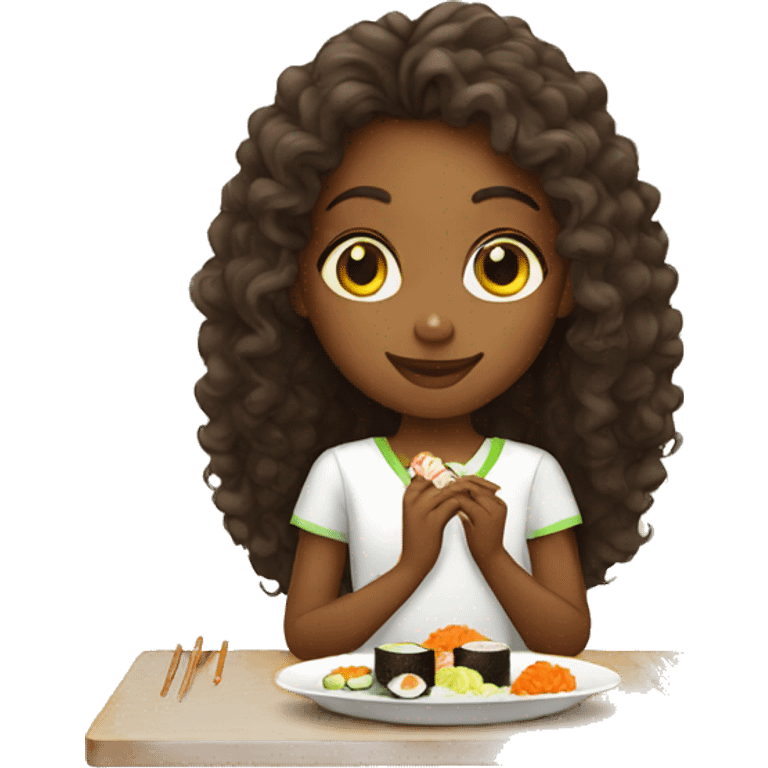 An ethiopian girl with long curly hair eating sushi emoji