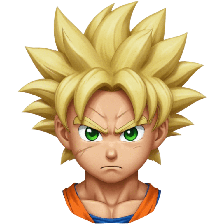 Goku getting angry blond hair green eyes. The top of his forehead is red with veins. emoji