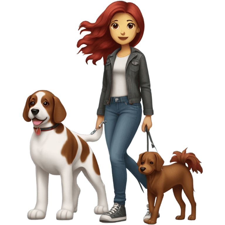 Dark red hair girl wearing  jeans  walking  large breed  dog  emoji