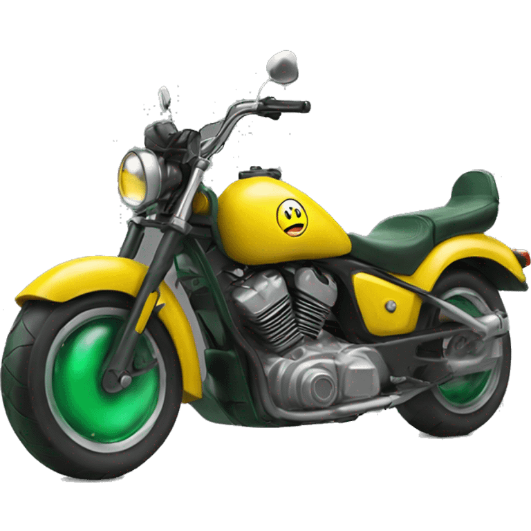 Yellow happy emoji with a green motorcycle helmet emoji