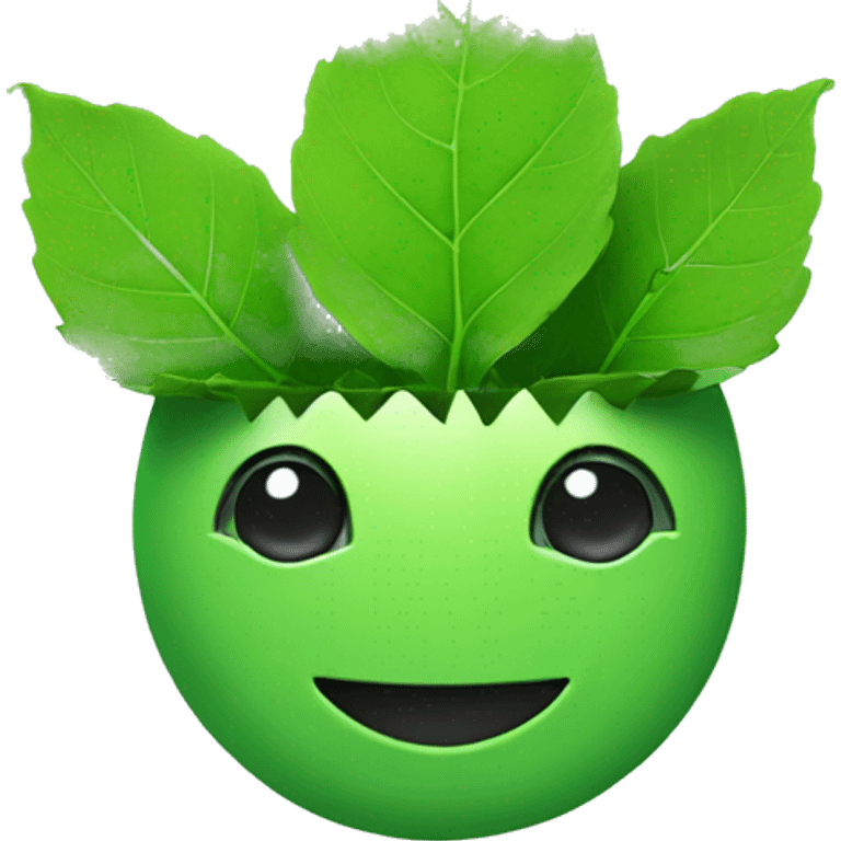 a green friend smiling :) robot with a leaf sticking at out of the top of his head emoji