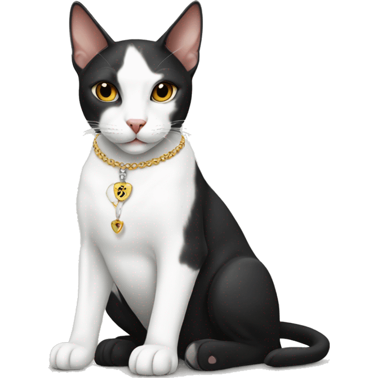 White cat with necklace sitting with Doberman emoji