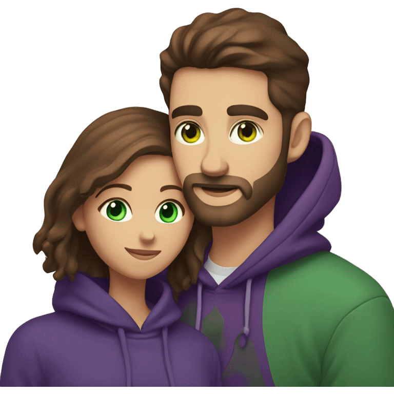 two people a man with brown hair and a beard with green eyes in a dark purple hoodie and a woman with brown hair and blue eyes in a dark purple hoodie hugging with a heart on top emoji