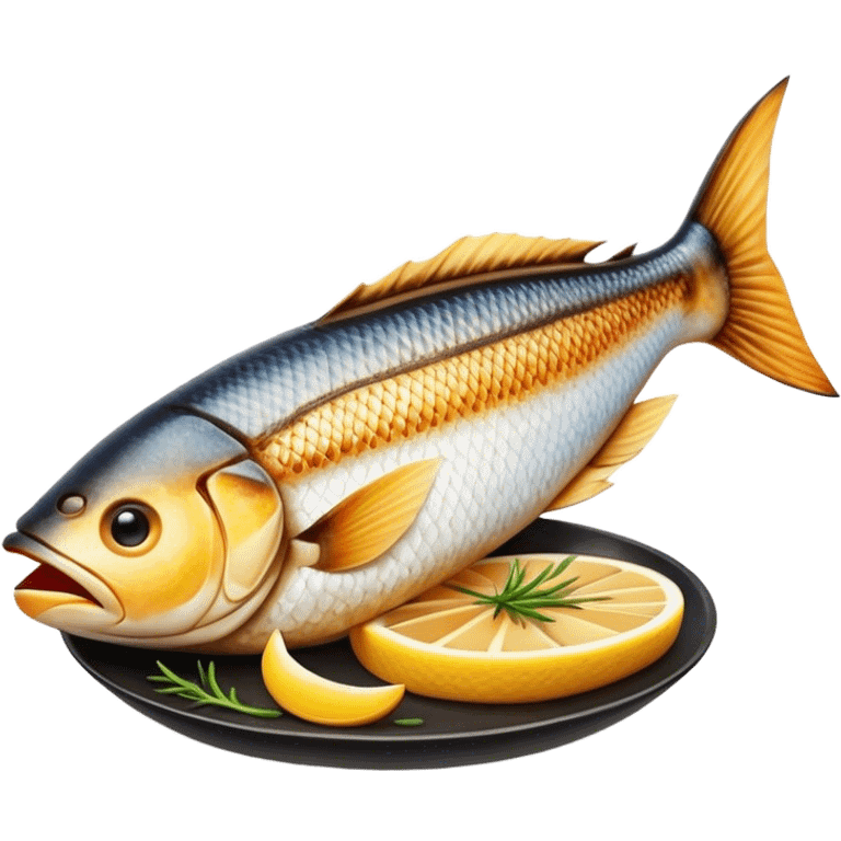 Gradele Cinematic Realistic Gradele Dish Emoji, depicted as 2 perfectly grilled fish with prominent grill marks and a smoky finish, rendered with vivid textures and dynamic, natural lighting. emoji