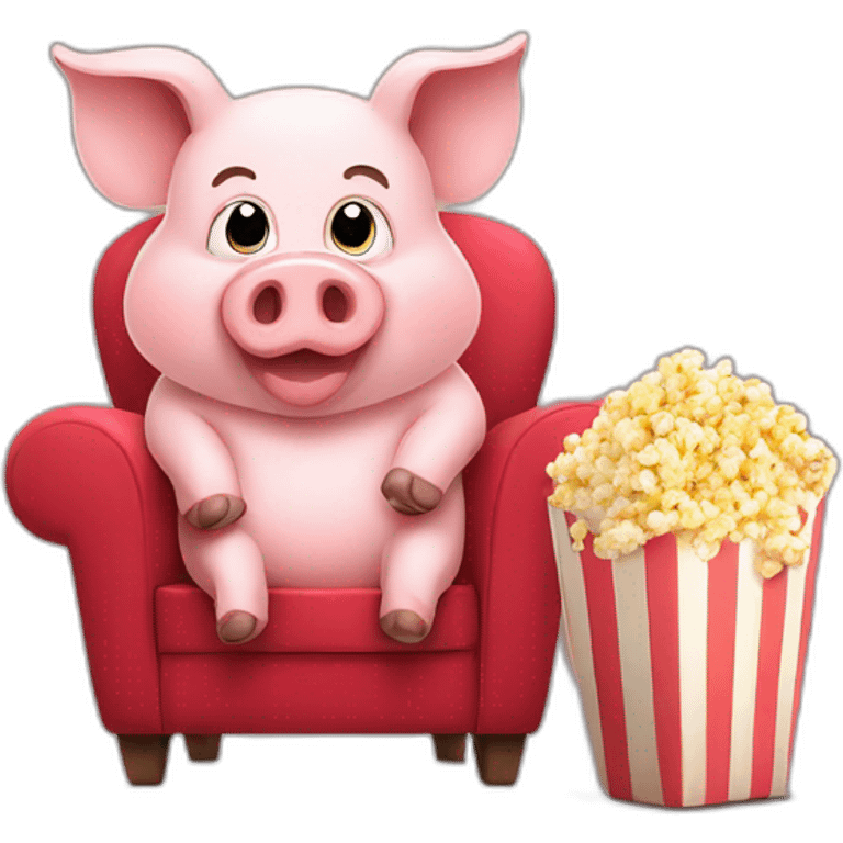 Funny pig sitting on a chair with popcorn emoji