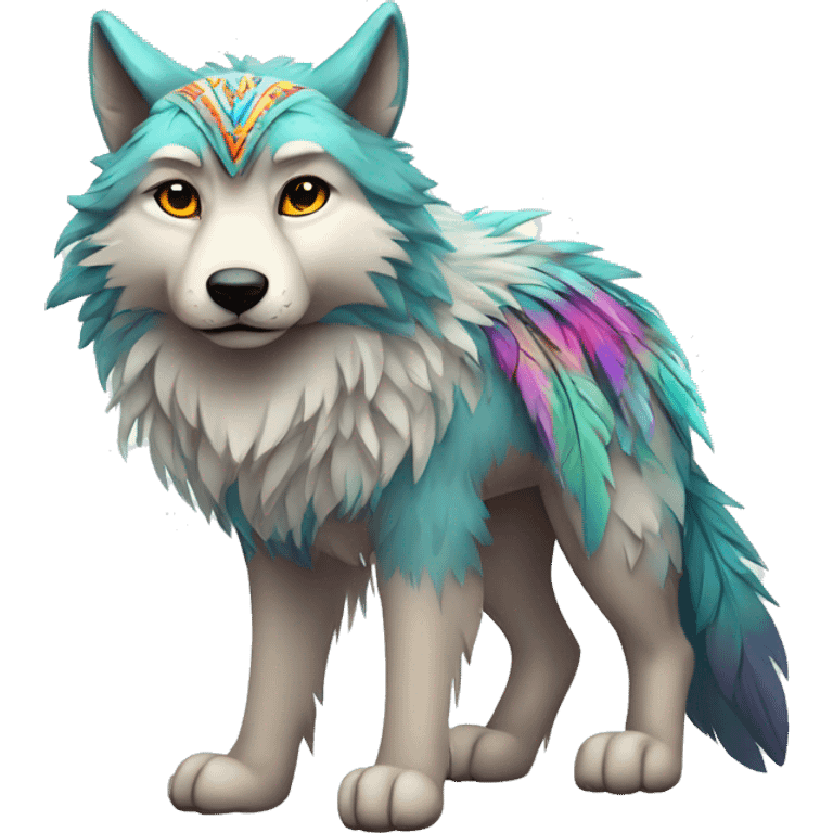 Fluffy Shy Colorful Spiritual Wolf With Shiny Tribal Markings wearing feathers Full Body emoji