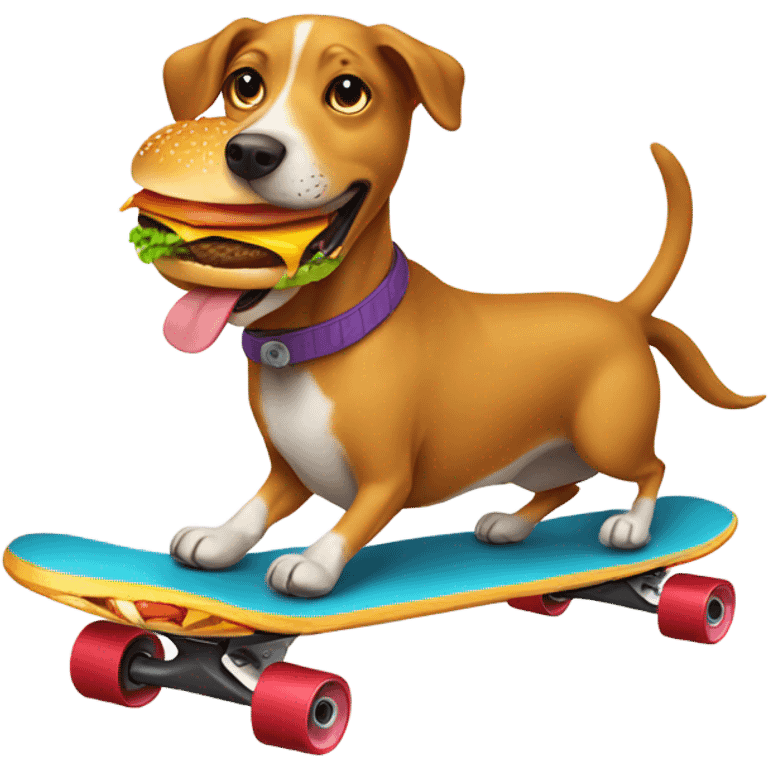 Dog riding a skateboard with a cheeseburger  emoji