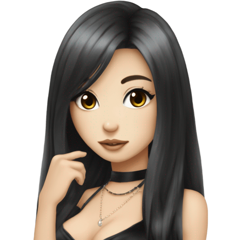 hime gyaru girl with LONG SILKY BLACK HAIR, with black satin halter top with chest, very pale skin and pretty brown monolid eyes emoji