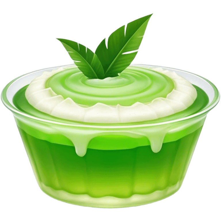 Cinematic Realistic Coconut Pandan Jelly Dessert Emoji, showcasing a delicate, translucent jelly infused with coconut and pandan rendered with lifelike detail and soft, tropical lighting. emoji