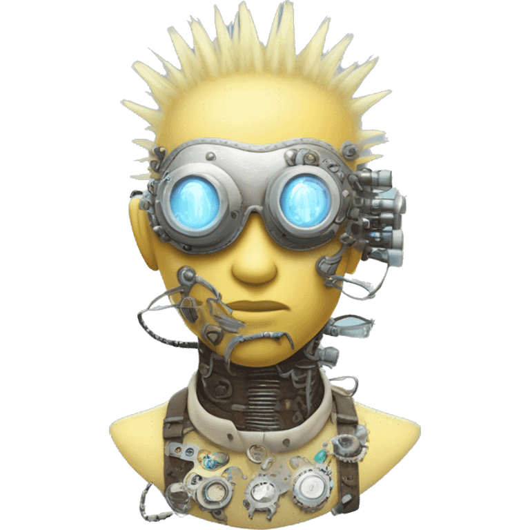 Pastel light yellow Mohawk cyborg head with silver steampunk goggles, goatee and circuits emoji