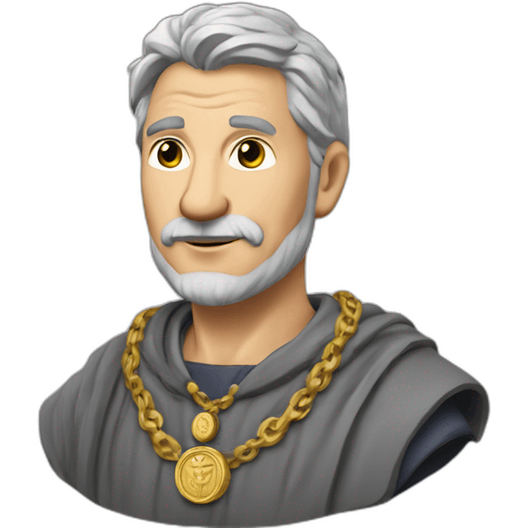 medieval coin engravers guild leader, 50 years old, grey hair, bust, has a necklace with a coin, has a coin in one hand emoji