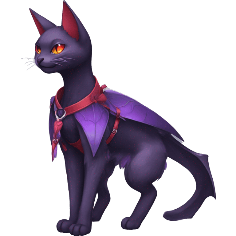 cool kawaii black purple red ethereal fantasy beautiful elegant nargacuga-bat-cat-Fakemon collar harness tie and leg spats full body emoji