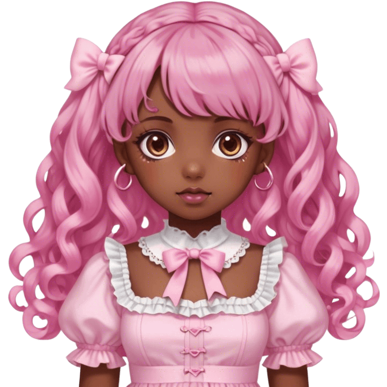 dark girl , who has curly medium length pink and pink swirled hair with bangs , brown eyes , and doll like makeup , in a light pink lolita hime gyaru dress  emoji