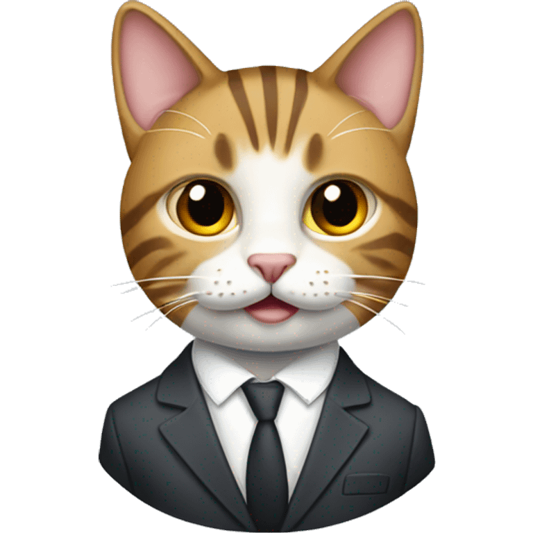 Tabby cat with white lower half in a suit emoji