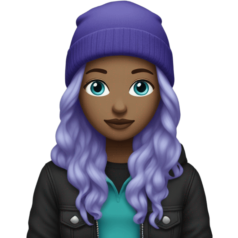 White girl, blue eyes, long teal hair, purple beanie hat, black hoodie, blue jeans, black shoes emoji