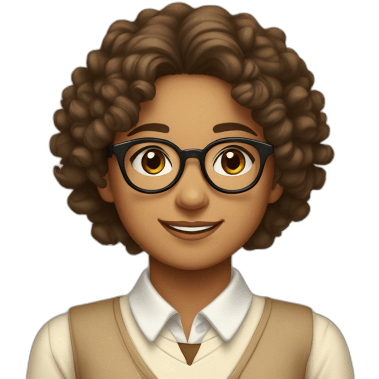 smiling indian teenage girl with curly hair and glasses wearing a collared long sleeve white shirt under a beige v shaped collar sweatervest with no buttons emoji