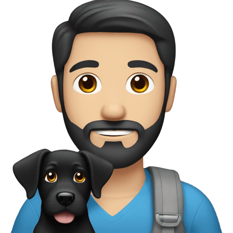 Blue eyes Dark hair man beard and mustache holding black Labrador  emoji