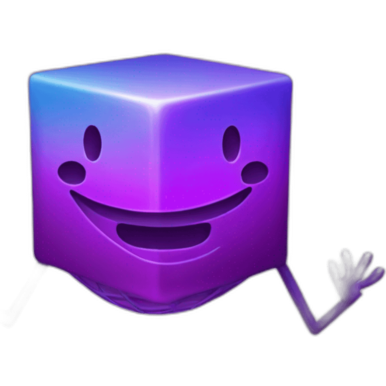 purple gradient colored smiling cube with 2 long open hands and 2 long legs with a dish antenna as a hat emoji