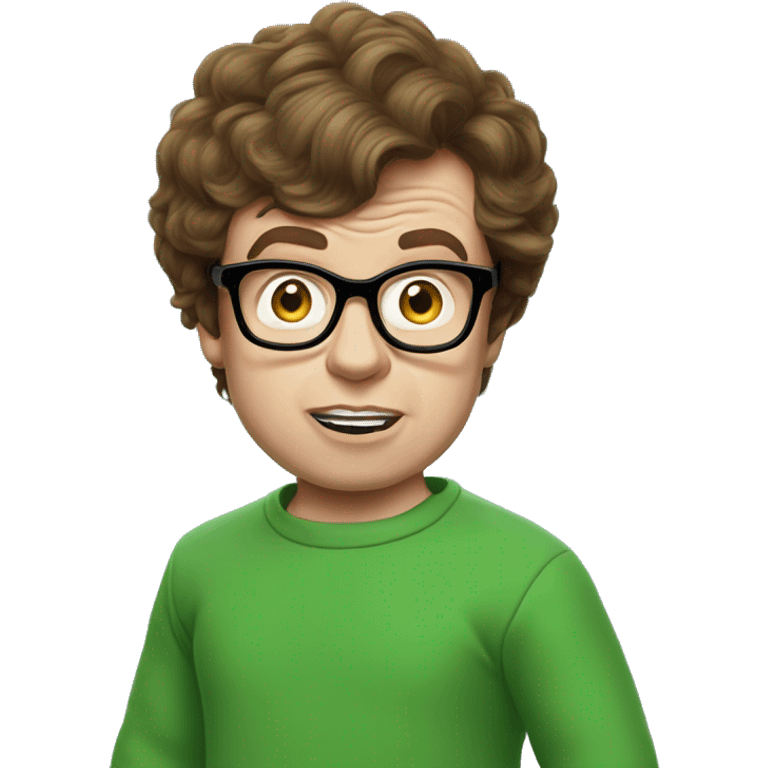 Surprised Austin Powers, brunette, green sweatshirt emoji