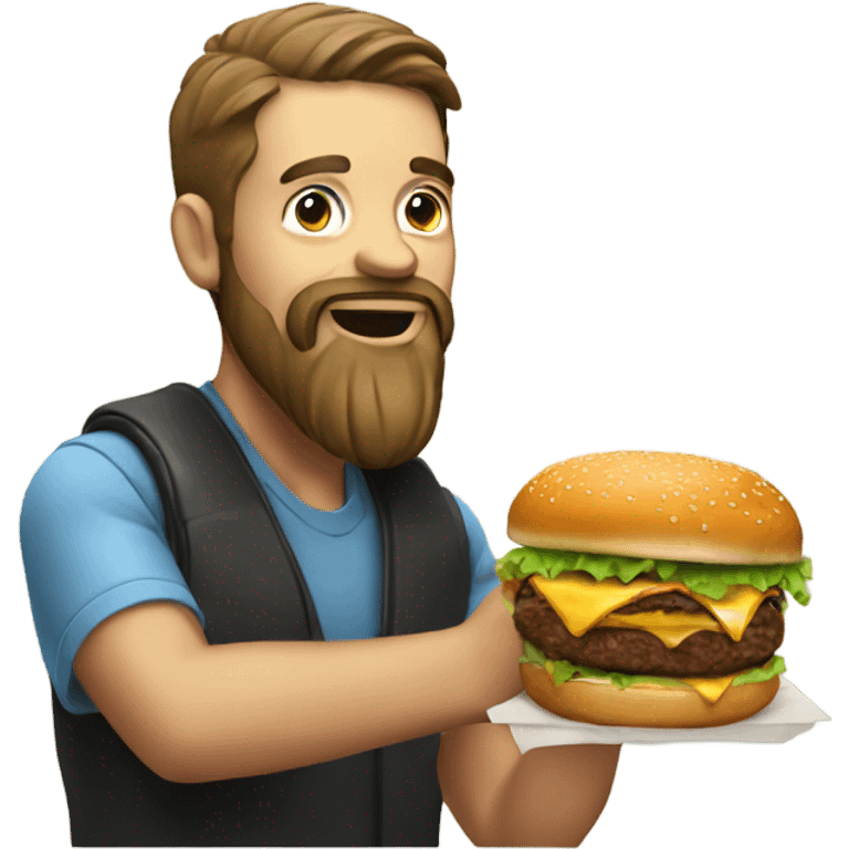 male portrait with beard eating burger emoji