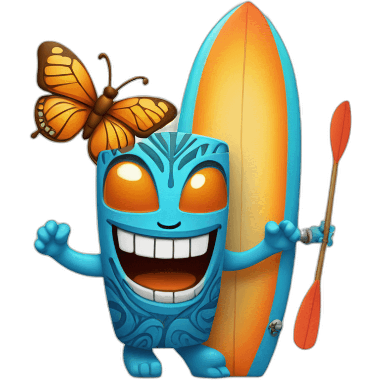 Cartoon Blue and orange smiling tiki with butterfly and surfboard emoji