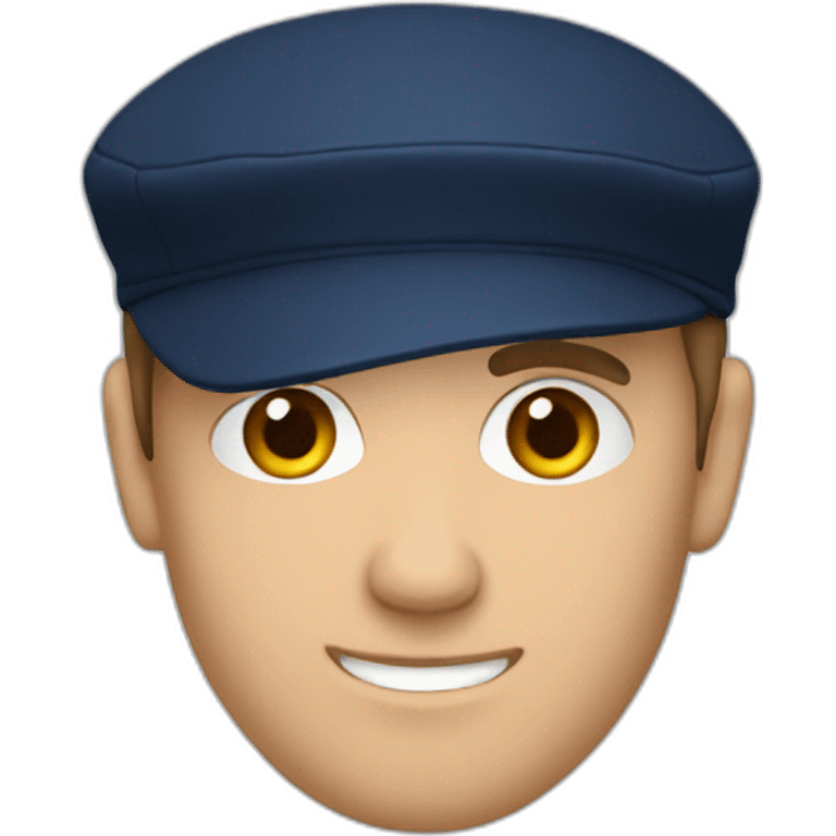 european guy wearing navy cap using laptop emoji