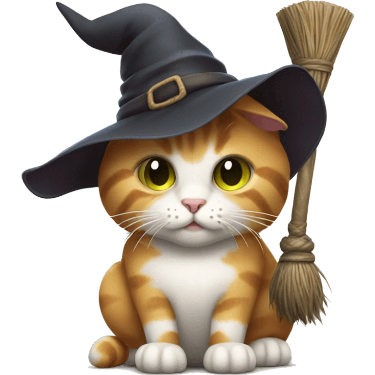 cat with witch hat and a broomstick emoji