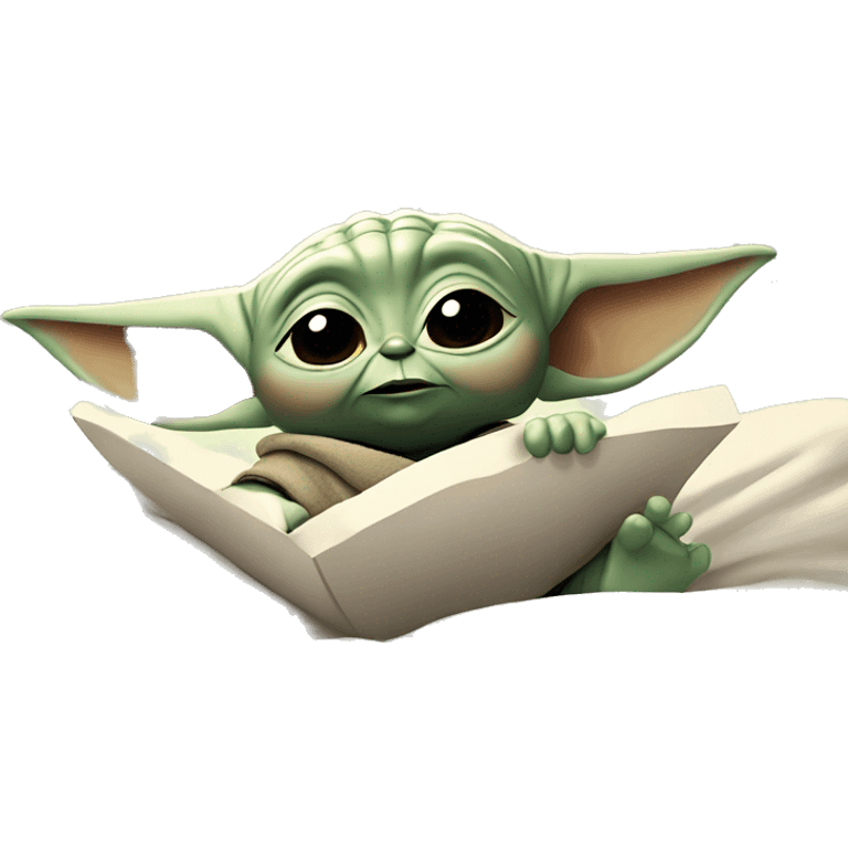 baby yoda is slipping in bed. Around him are flying letters ZZZZ emoji