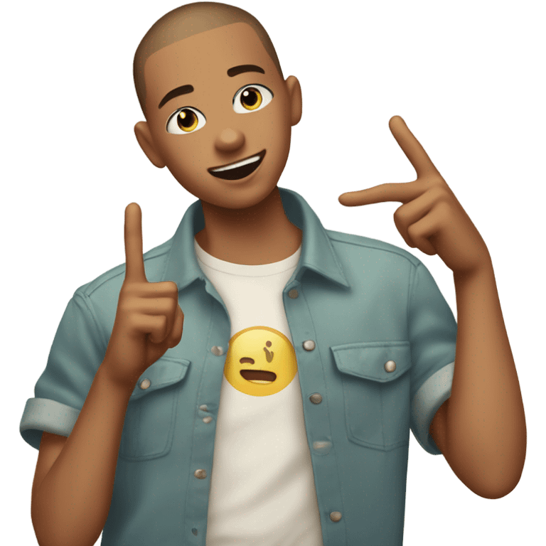 Gay boy with buzz cut and crop shirt on throwing up peace signs with his hands emoji