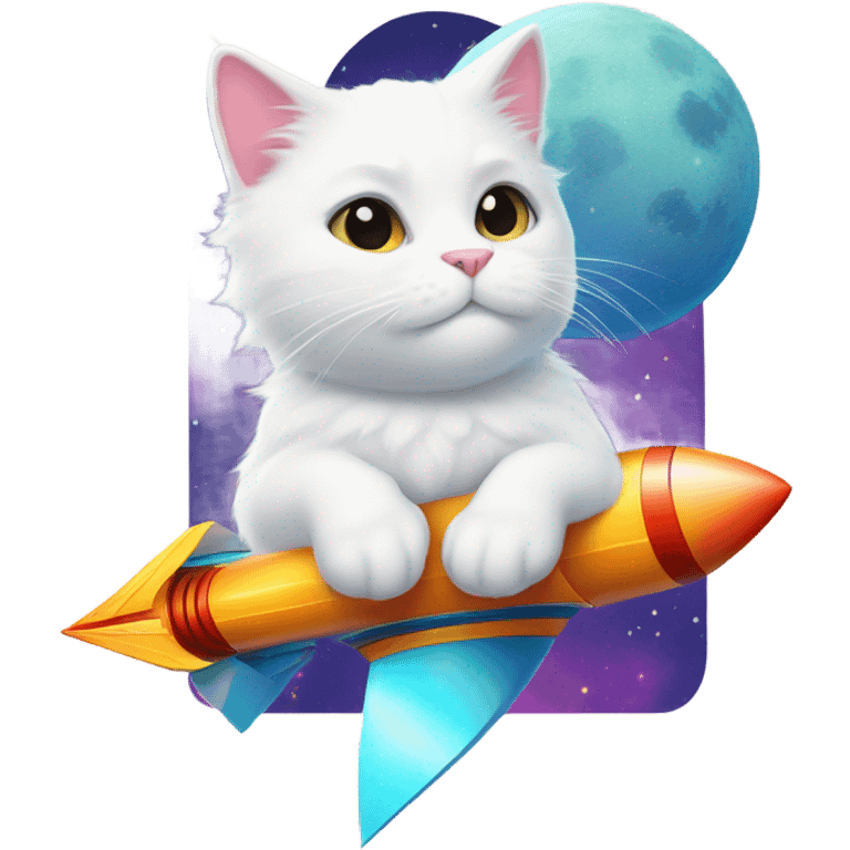 white cat riding rocket to the moon emoji