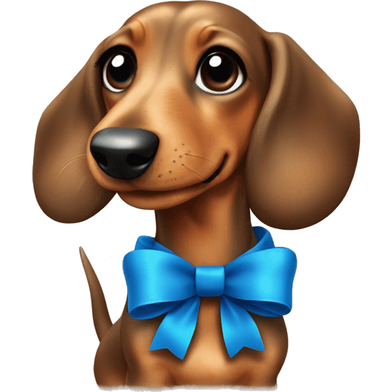 A cute christmas daschund￼ with a blue bow as the colar emoji