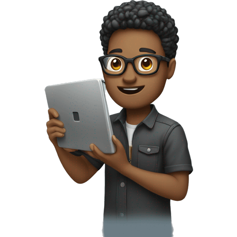 content creator holding a laptop in one hand and a camera in anither emoji