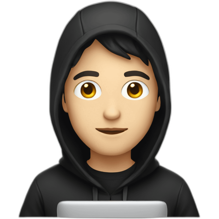 Young white developer with a black hood behind his computer emoji