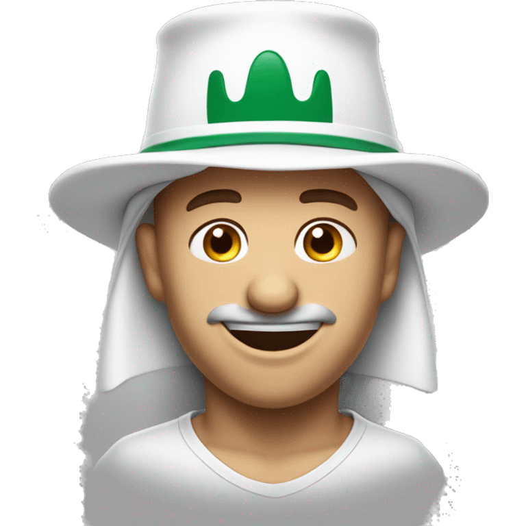 Cubby white wearing white saudi hat with only mustache smiling in a cheesy way lifting his eyebrows with a bit sleepy eyes has one missing tooth smiles with his teeth showing emoji