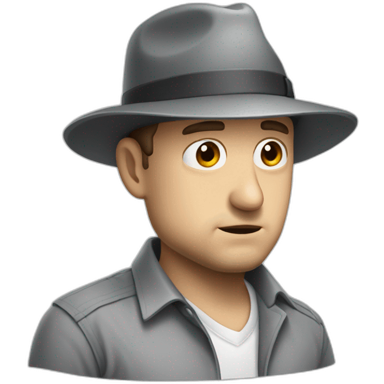 tim robinson wearing a grey fedora with a grey flap on the back white shirt looking scared and sad 3 quarter angle emoji