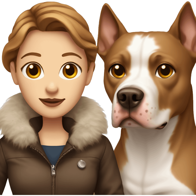 white woman with long brown hair in a furry jacket standing alongside a white pitbull with a brown patch around his eye emoji