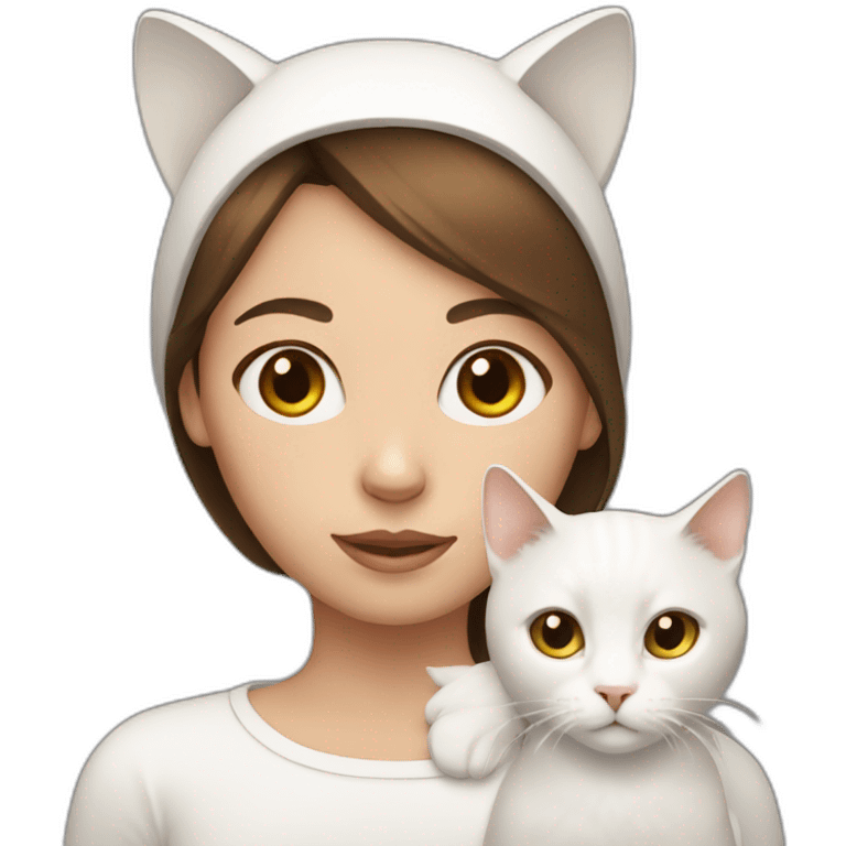 Brown hair girl with white cat on head emoji